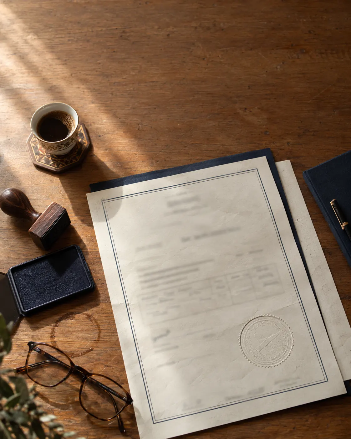 Trade licence with an embossed seal, rubber stamp and Arabic coffee on an oak desk