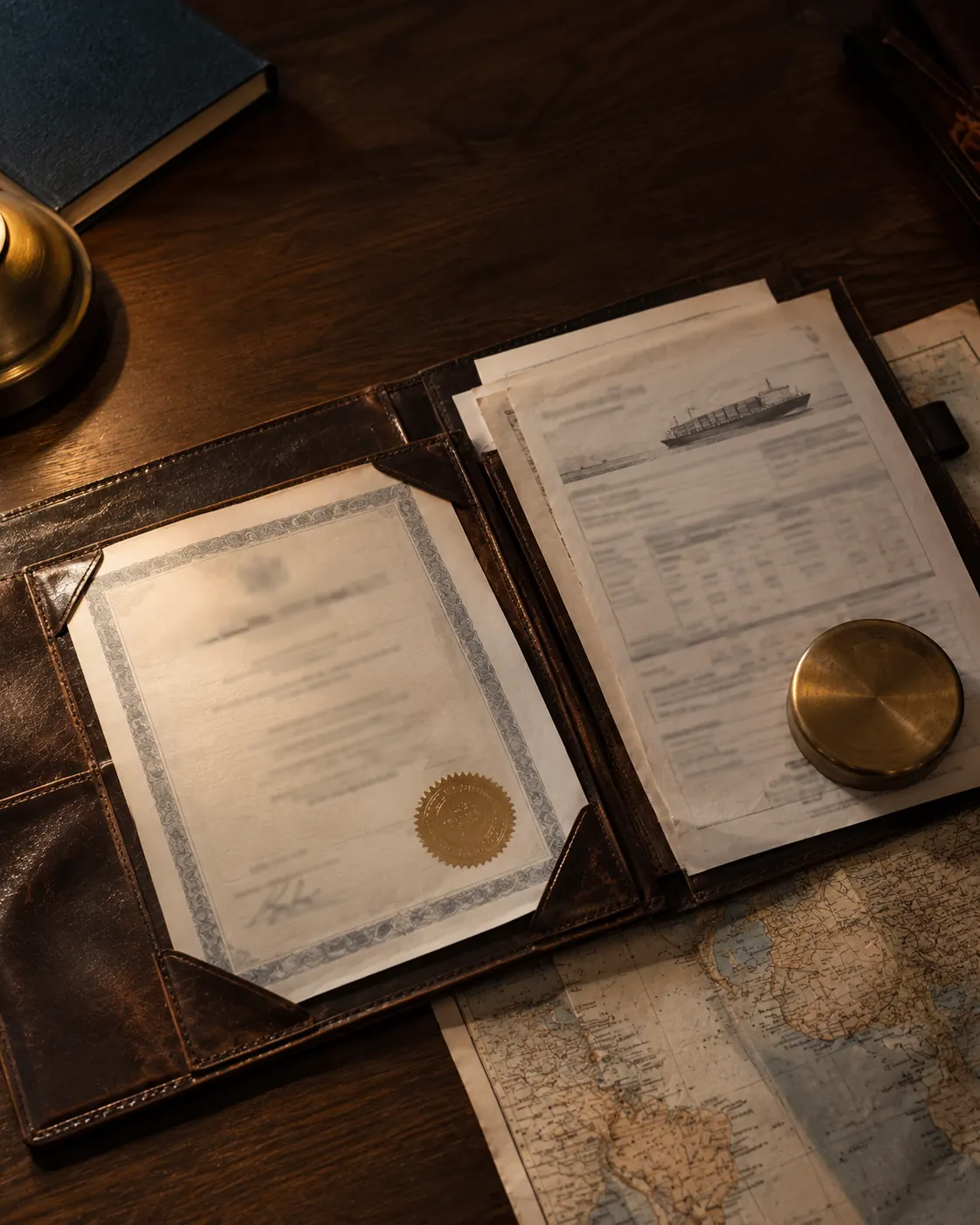 Company certificate and bill of lading in a leather wallet over a world map